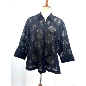 Notations Black Sheer Linen Blend Blouse XL Lagenlook Art-to-Wear Layering Top